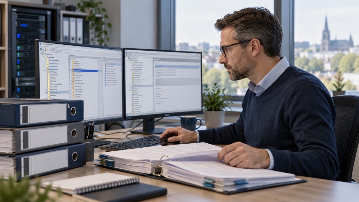 Ein Administrator gleicht technische Vorlagen mit einer Verwaltungskonsole ab.