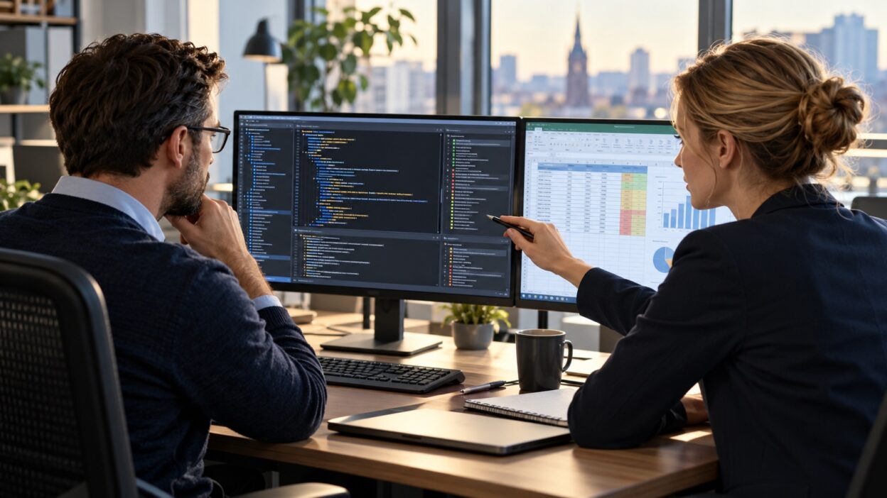Ein Prüfer und eine Analystin vergleichen VBA-Code und eine Tabellenkalkulation.