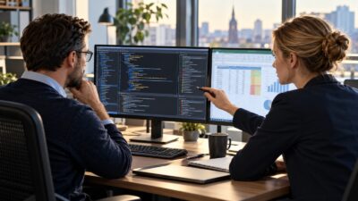 Ein Prüfer und eine Analystin vergleichen VBA-Code und eine Tabellenkalkulation.
