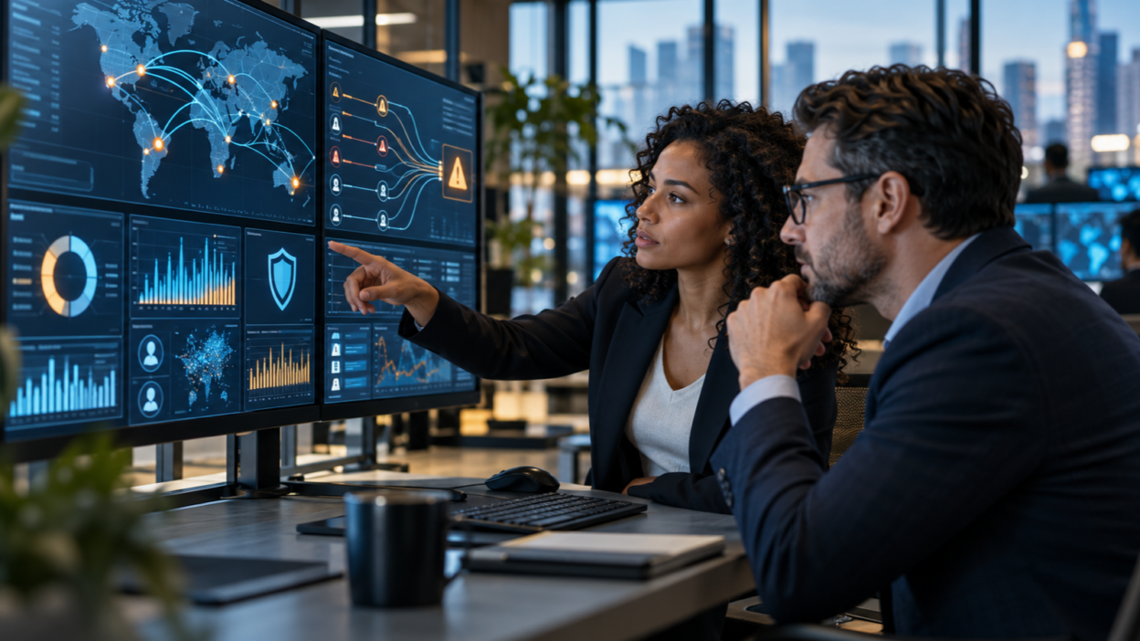 Two business risk analysts reviewing digital transaction flows and security alerts on monitoring screens